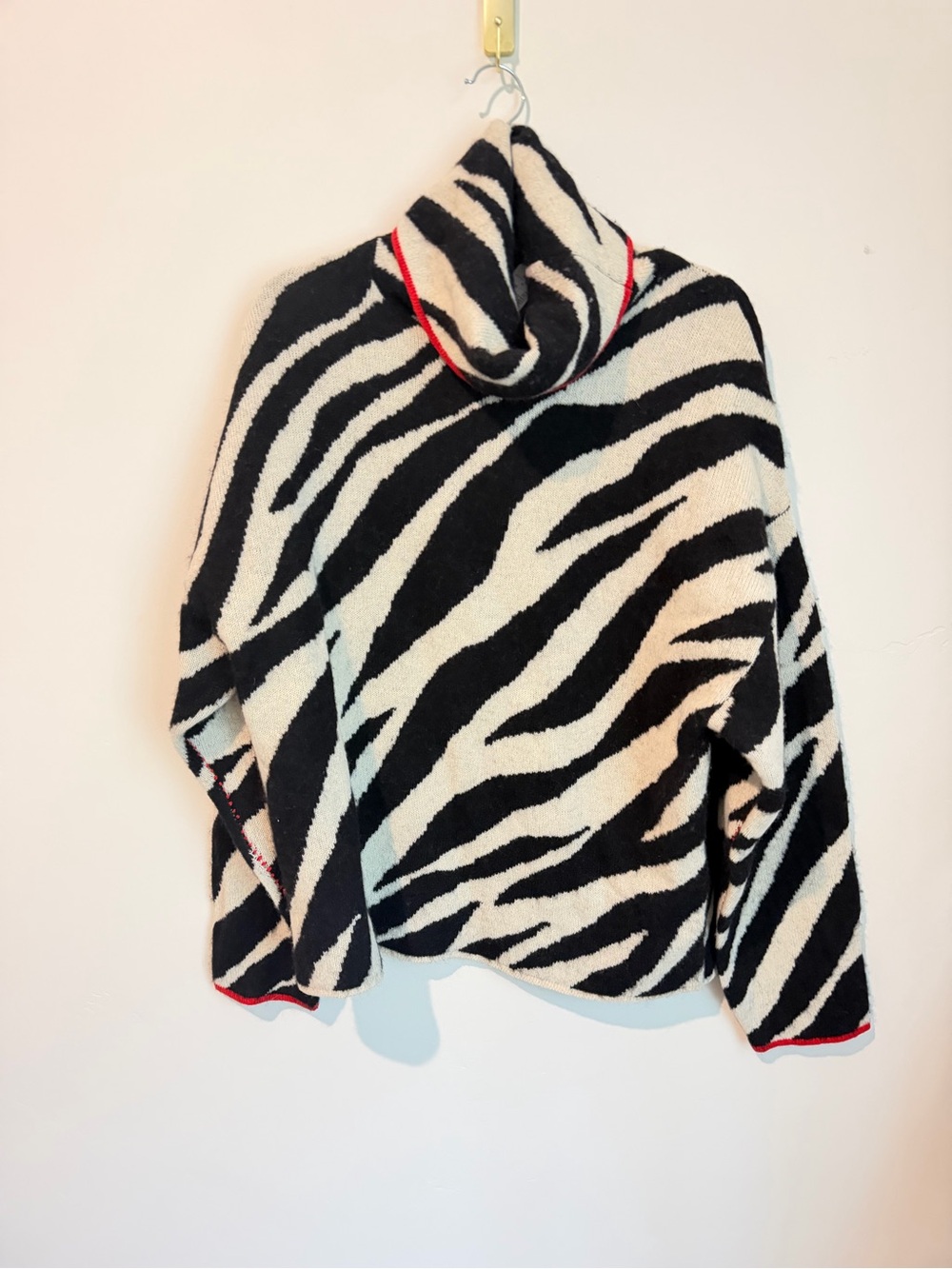 rag & bone Black and White Zebra-Print Turtleneck Sweater with Red Trim Kiki